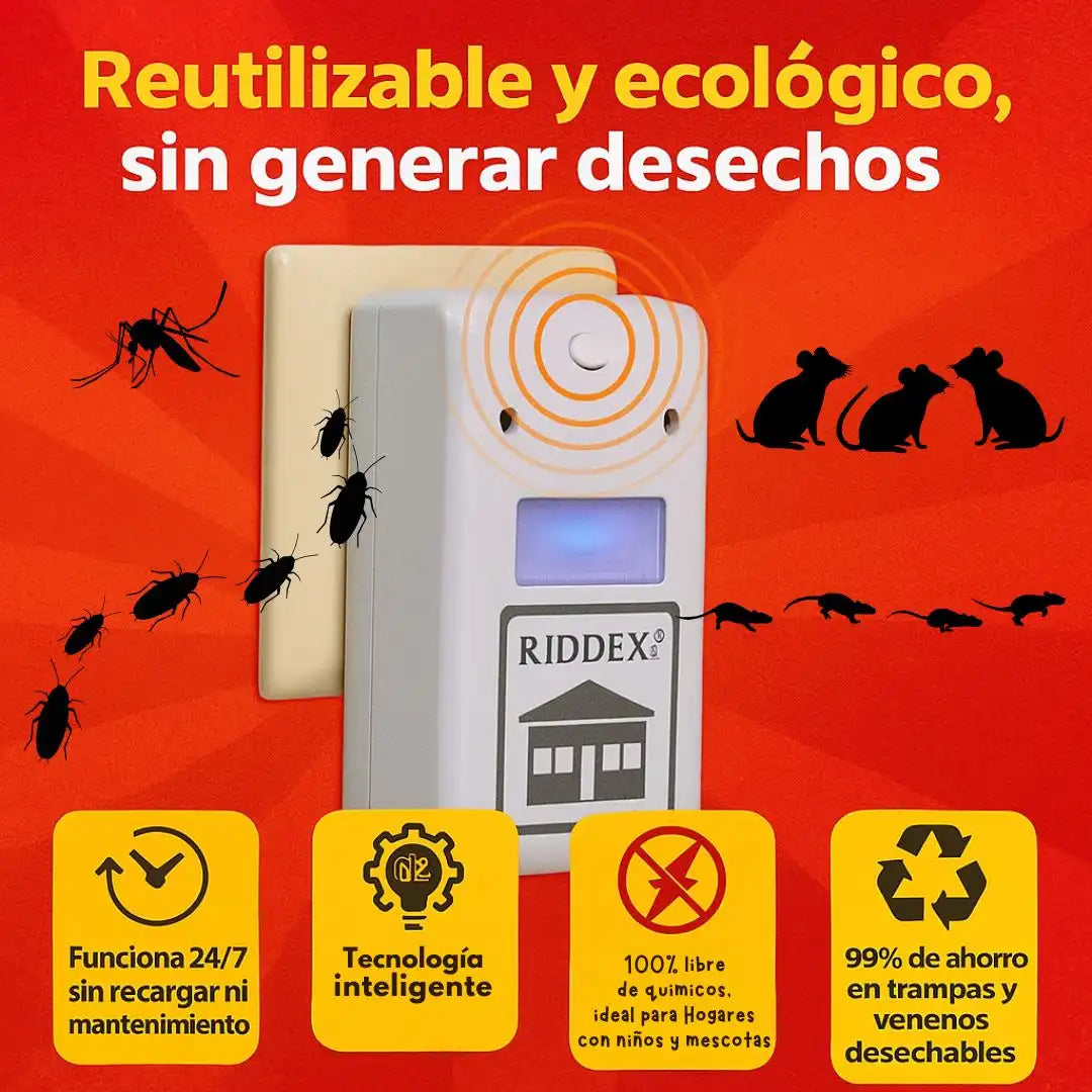 Riddex® Plus - Repelente Eléctrico Antiplagas Elimina plagas sin veneno ni químicos en tu hogar.