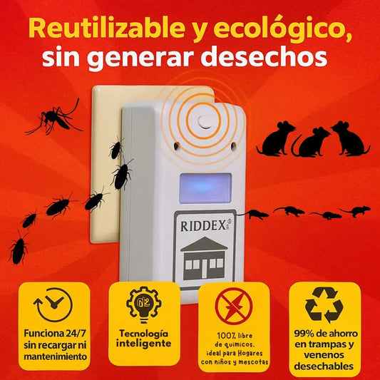 Riddex® Plus - Repelente Eléctrico Antiplagas Elimina plagas sin veneno ni químicos en tu hogar.