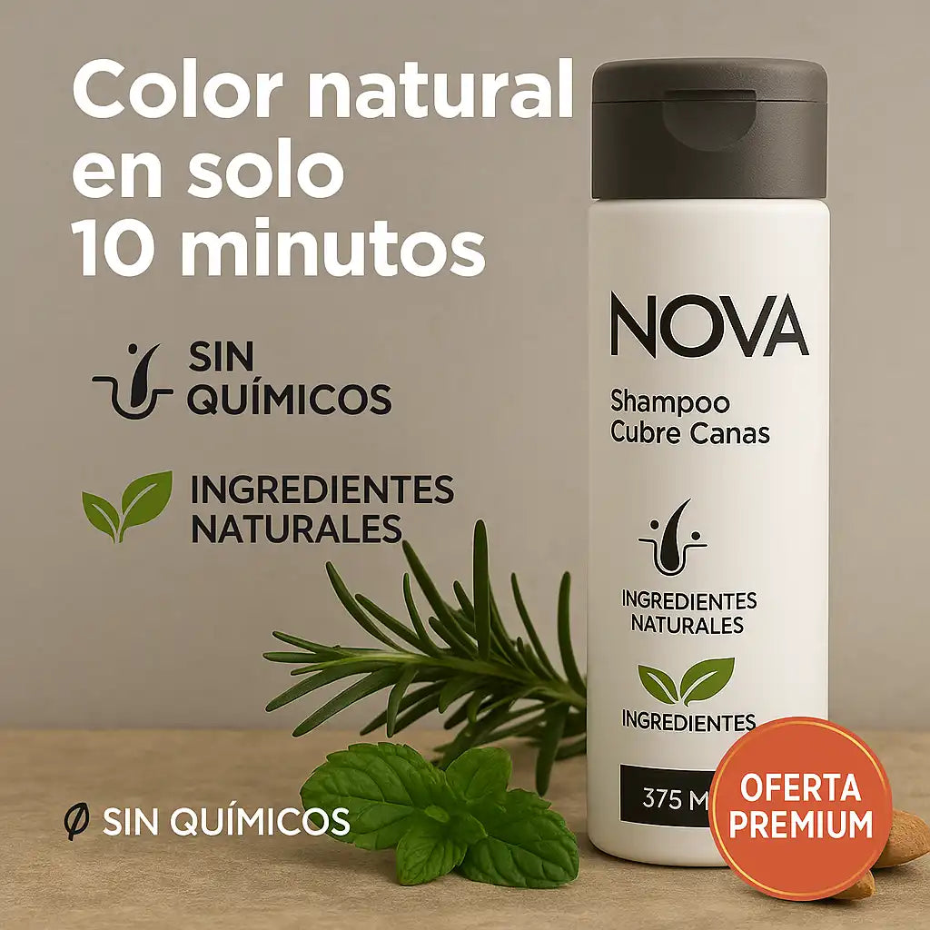 Nova™ – Shampoo para Canas | Color natural en solo 10 minutos, sin químicos ni complicaciones.