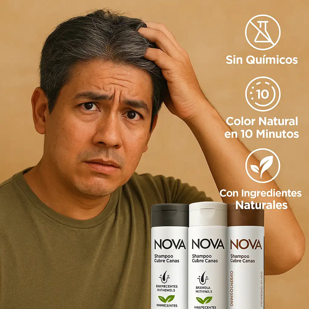 Nova™ – Shampoo para Canas | Color natural en solo 10 minutos, sin químicos ni complicaciones.