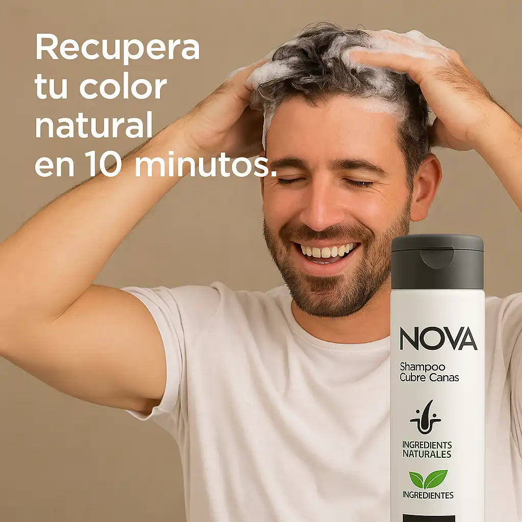 Nova™ – Shampoo para Canas | Color natural en solo 10 minutos, sin químicos ni complicaciones.