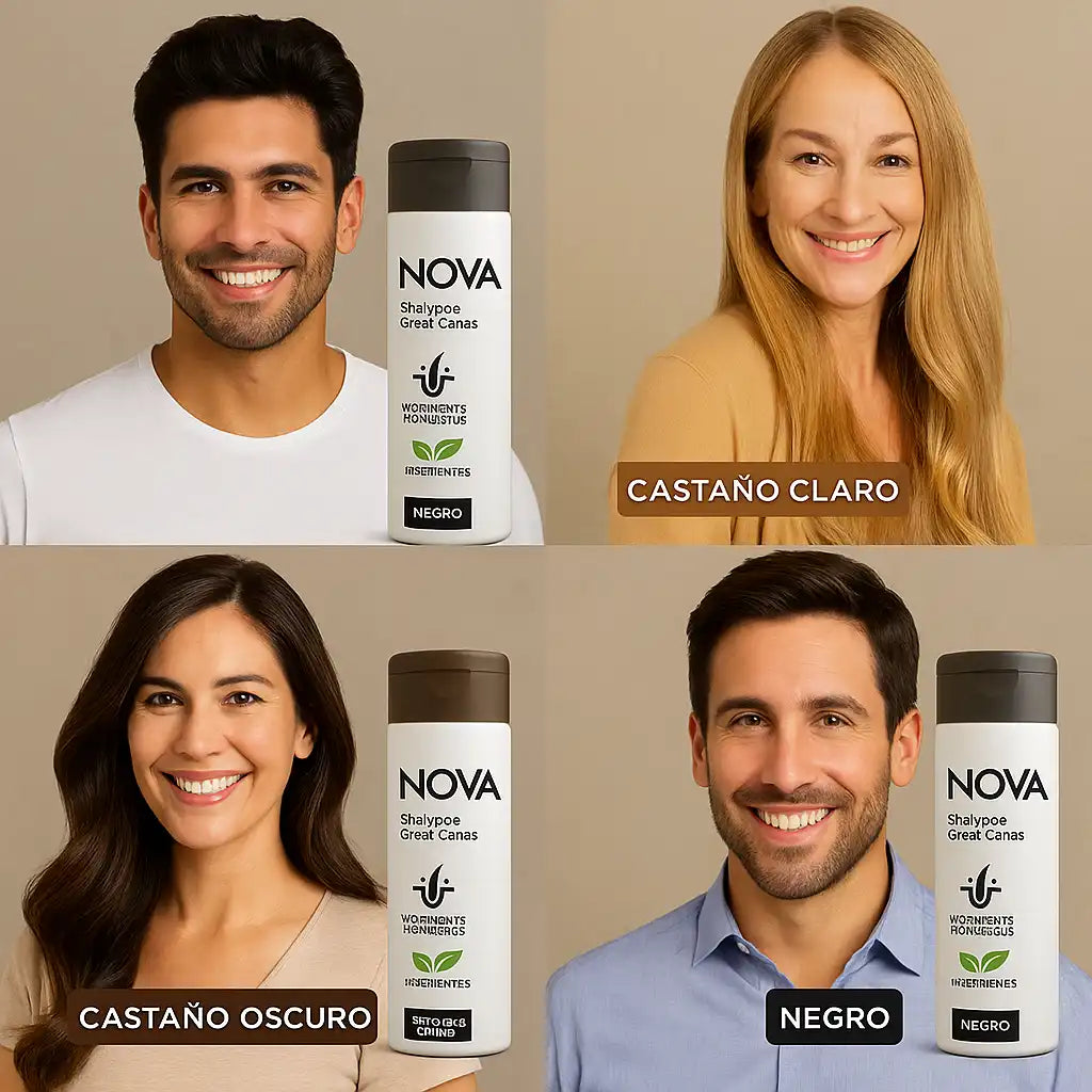 Nova™ – Shampoo para Canas | Color natural en solo 10 minutos, sin químicos ni complicaciones.